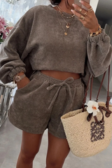 Dark Brown Textured Knit Drop Shoulder Pullover Drawstring Shorts Set