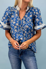 Blue Floral Print Button Tie Neck Striped Detail Short Sleeve Blouse