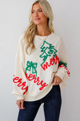 Beige Corded Christmas Pattern Oversize Sweatshirt