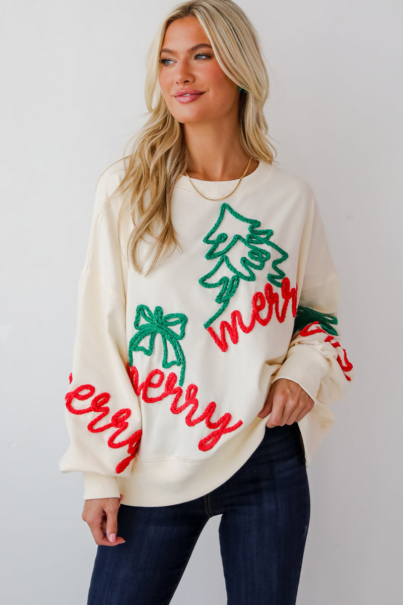 Beige Corded Christmas Pattern Oversize Sweatshirt