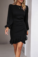 Black Solid Color Puff Sleeve Ruffle Mini Dress