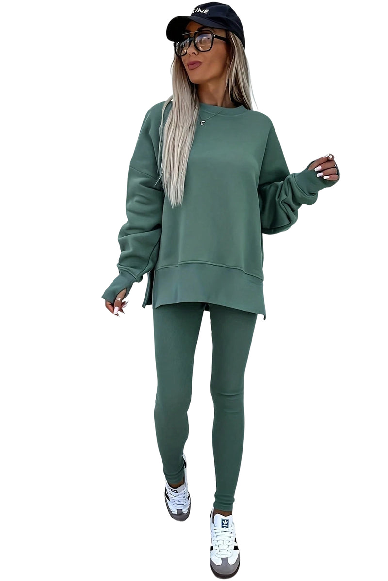 Orchid Mist Solid Color Oversized Slit Sweatshirt Ribbed Leggings Set
