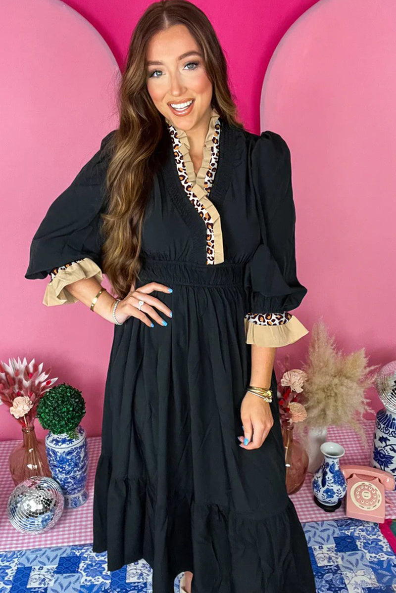 Black Leopard Contrast Color Ruffle Bracelet Sleeve Midi Dress