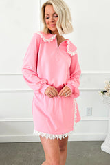Pink Peter Pan Collar Pullover Lace Embellished Mini Skirt Set