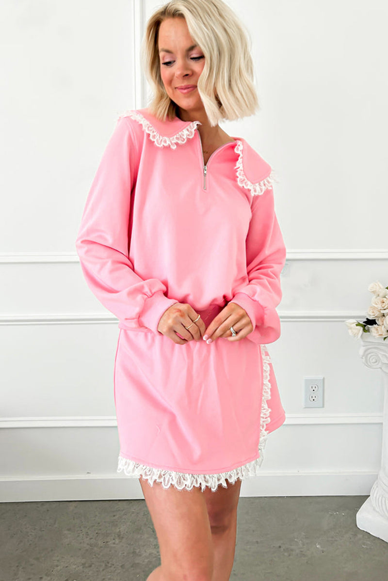 Pink Peter Pan Collar Pullover Lace Embellished Mini Skirt Set