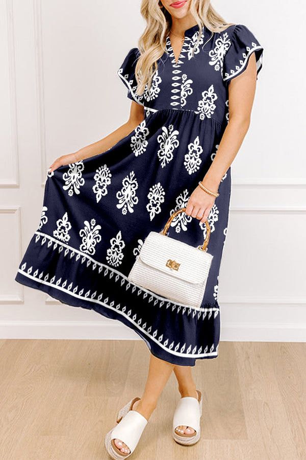 Western Ethnic Print Notched Neck Short Sleeve Midi Dress