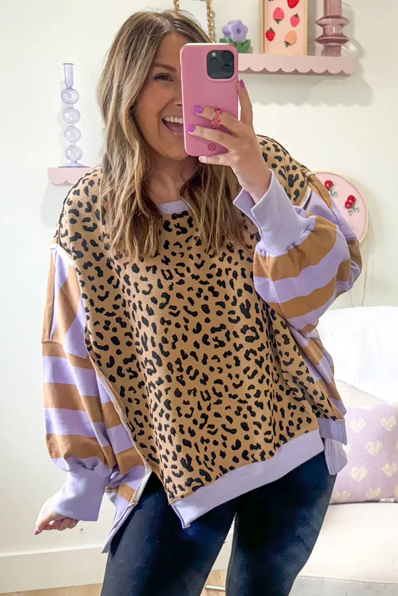 Purple Striped Leopard Colorblock Side Slits Sweatshirt