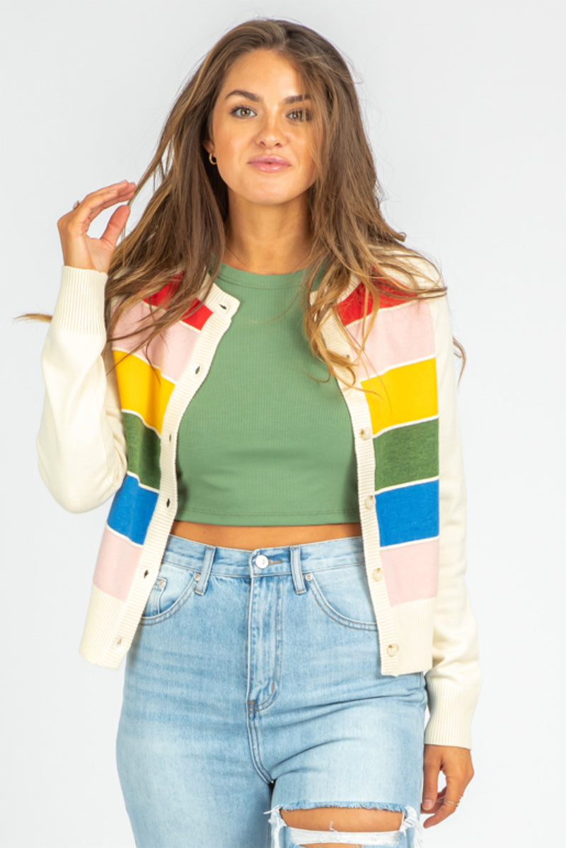 White Striped Colorblock Button Front Knit Cardigan