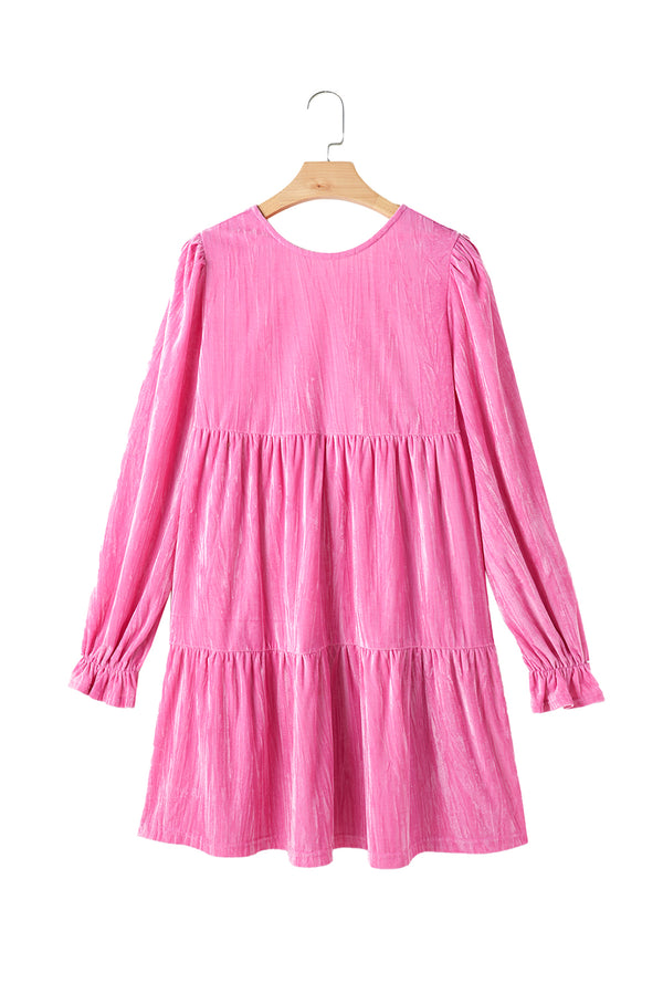 Strawberry Pink Flounce Sleeve Tiered Ruffled Velvet Mini Dress