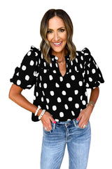 Apricot Polka Dot Print Smocked Notched Neck Balloon Sleeve Blouse