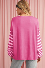Khaki Checkered Striped Patchwork Lantern Sleeve Top
