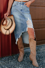 Myosotis Irregular Distressed Hem Denim Midi Skirt