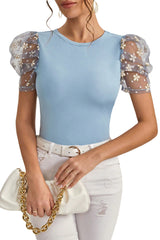 Beau Blue Flower Mesh Sleeve Slim Fit Blouse