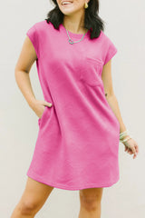 Black Plain Textured Pocketed Cap Sleeve Mini Dress