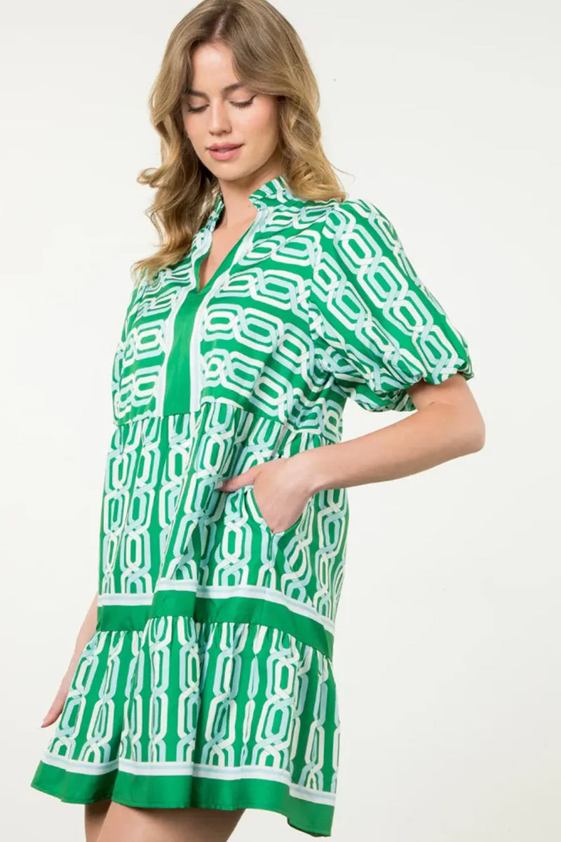 Bright Green Abstract Print V-Neck Puff Sleeve Mini Dress