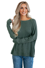 Mist Green Ribbed Plain Long Sleeve Loose Top
