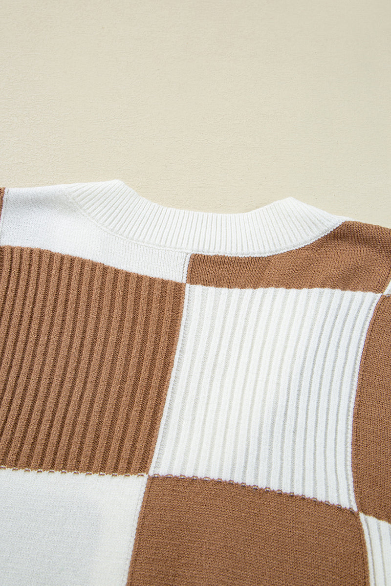 Khaki Checkered Pattern Button V Neck Ribbed Knit Cardigan