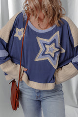 Dark Blue Knitted Colorblock Patchwork Star Patched Long Sleeve Top