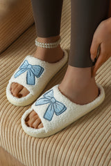 Light Blue Embroidered Bow Open Toe Fuzzy Slippers