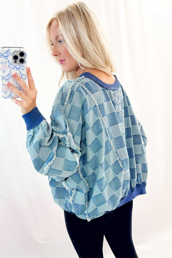 Sky Blue Checkerboard Splicing Raw Detail Oversized Denim Pullover