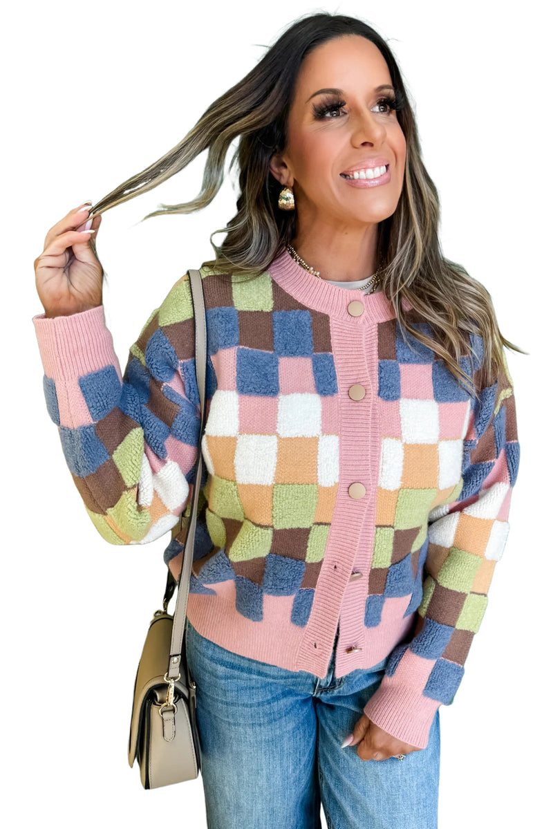 Multicolour Checkered Pattern Button Front Knit Cardigan