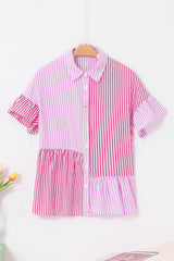 Pink Striped Patchwork Ruffle Button Up Shirt