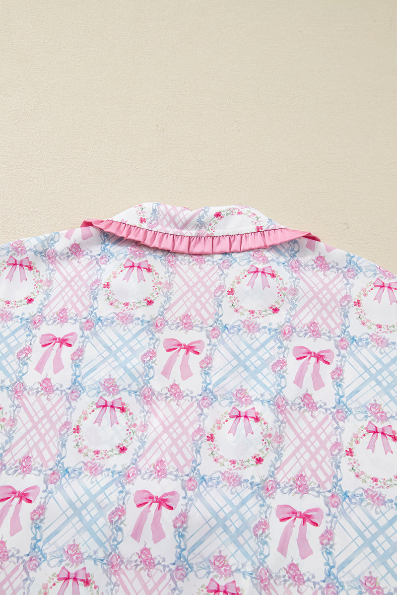 Pink Bow Wreath Pattern Christmas Holiday Bow Tie Front Pajama Set