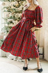 Green Plaid Square Neck Puff Sleeve Bowknot Waist Flared Midi Dress