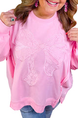 Pink Lace Bow Embroidered Dolman Sleeve Plus Size Sweatshirt