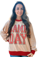 Oatmeal GAME DAY Letter Graphic Varsity Striped Detail Baggy Sweatshirt