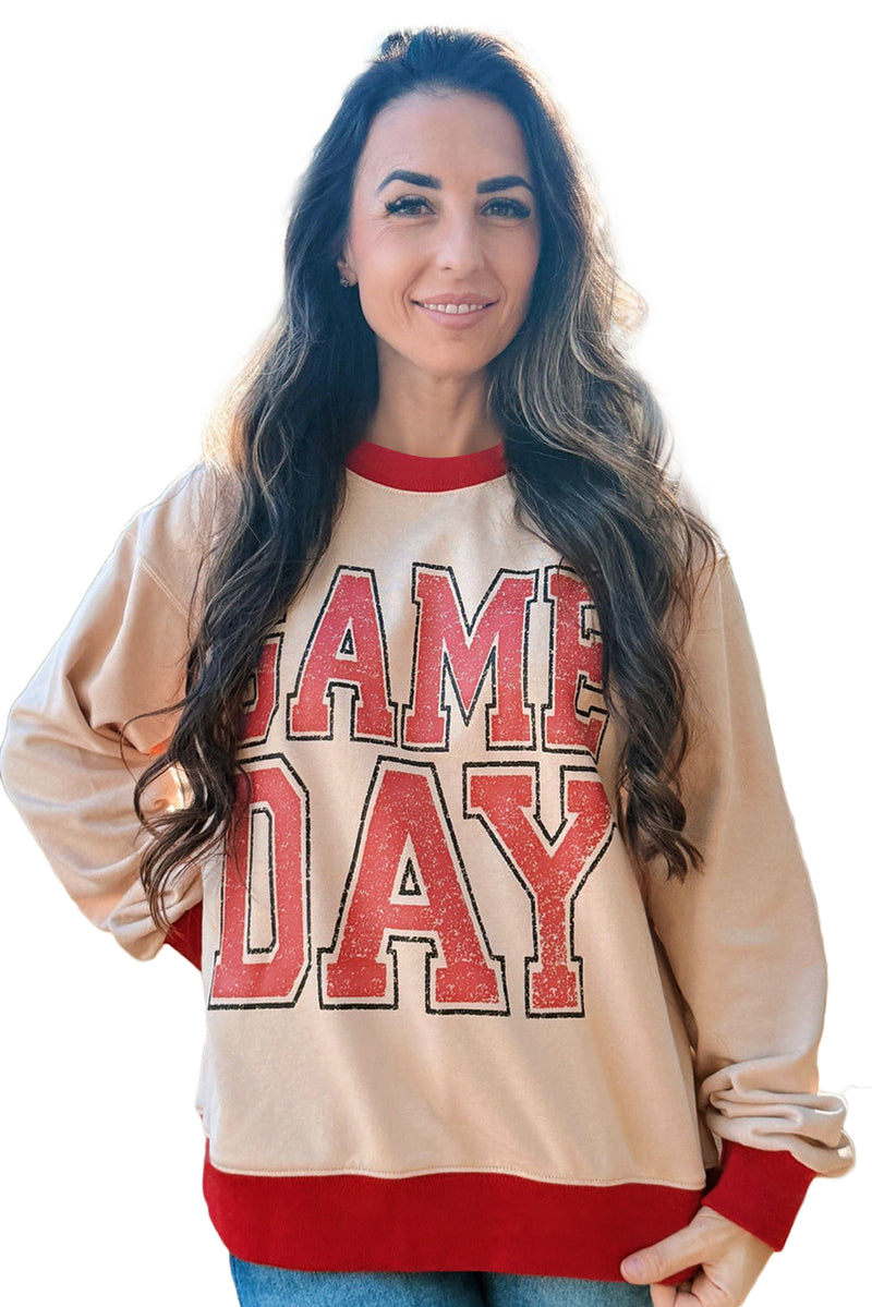 Oatmeal GAME DAY Letter Graphic Varsity Striped Detail Baggy Sweatshirt
