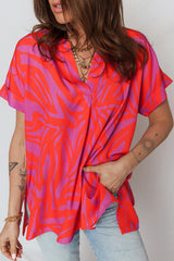 Multicolour Abstract Print V Neck Cuffed Short Sleeve Shift Slit Blouse
