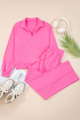 Wisteria Solid Color Collared Pullover and Central Seam Pants Set