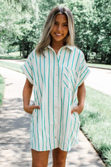 Mint Green Striped Pocket Short Sleeve Mini Dress