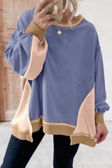Smoke Green Colorblock Waffle Patchwork Oversize Sweatshirt