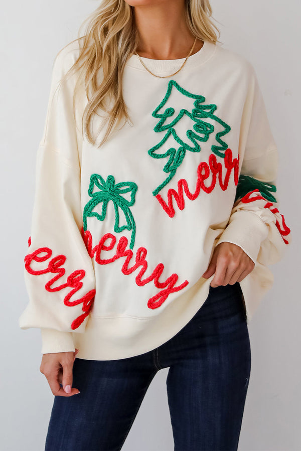 Beige Corded Christmas Pattern Oversize Sweatshirt