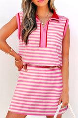 Dark Blue Textured Stripe Print Contrast Trim Zip Collar Sleeveless 2pcs Skort Set