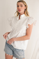 White Crochet Patchwork Ruffle Sleeve Blouse