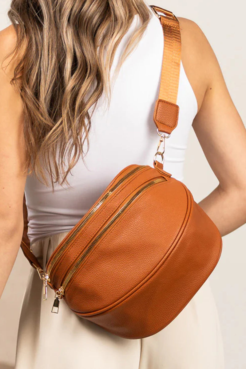 Parchment PU Leather Double Zipper Crossbody Bag