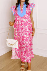 Pink Floral Print Color Block Patchwork V Neck Short Sleeve Midi Dress