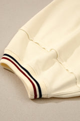 Beige Contrast Varsity Striped Neckline Cuffed Short Sleeve Loose Tunic Top