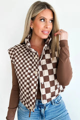 Brown Checkered Stand Collar Cropped Puffer Vest