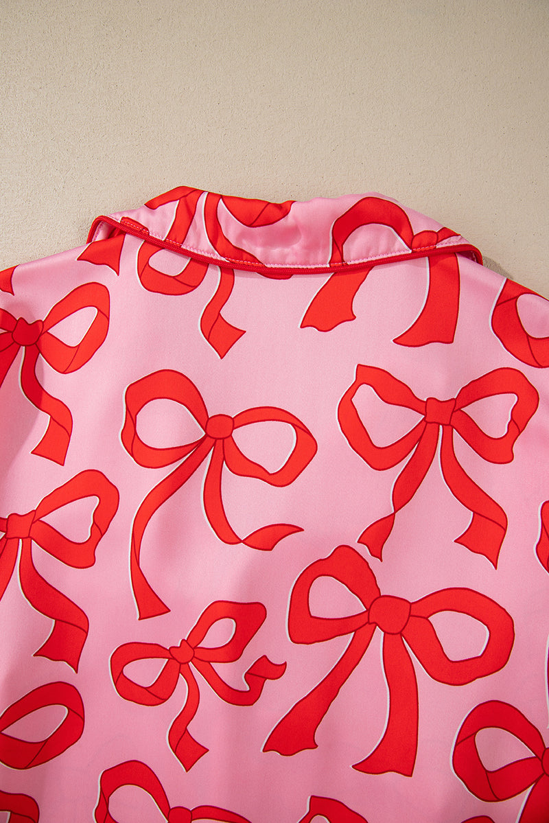 Pink Allover Bow Print Button Up and Loose Pants Pajama Set