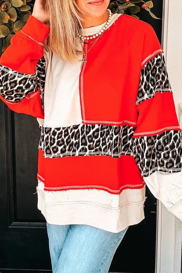 Fiery Red Leopard Colorblock Patchwork Round Neck Sweatshirt