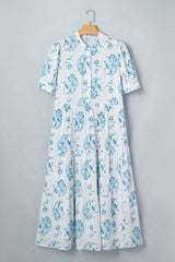 Sky Blue Plus Size Geometric Floral Print Button Split Neck Short Sleeve Maxi Dress