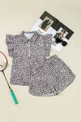 Brown Leopard Half Zipper Collared Ruffle Sleeve Top and Shorts Set