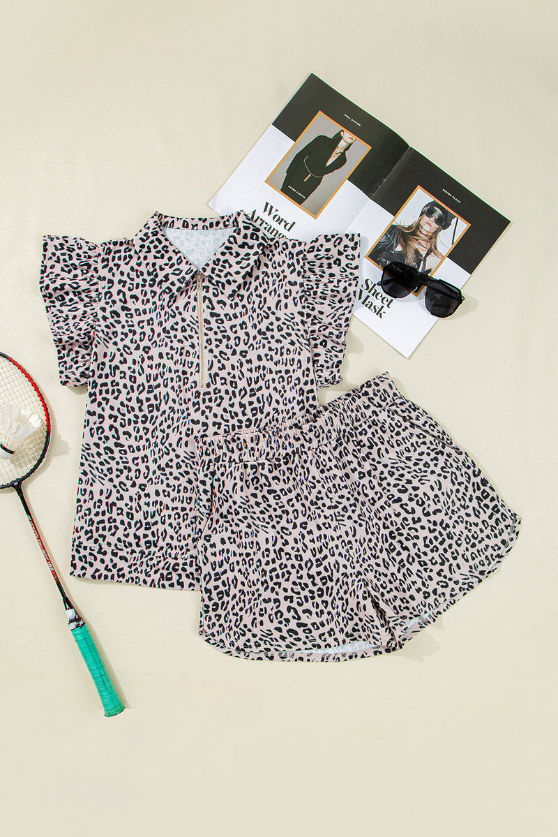 Brown Leopard Half Zipper Collared Ruffle Sleeve Top and Shorts Set