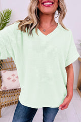 Grapefruit Orange Waffle V Neck Short Sleeve Knit Top