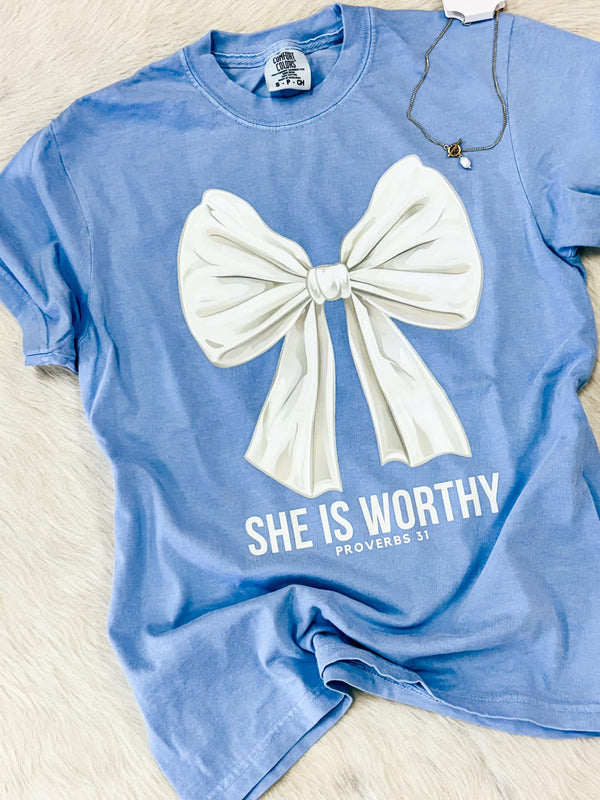 She is Worthy bow - blue comfort colors tee