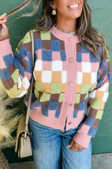 Multicolour Checkered Pattern Button Front Knit Cardigan